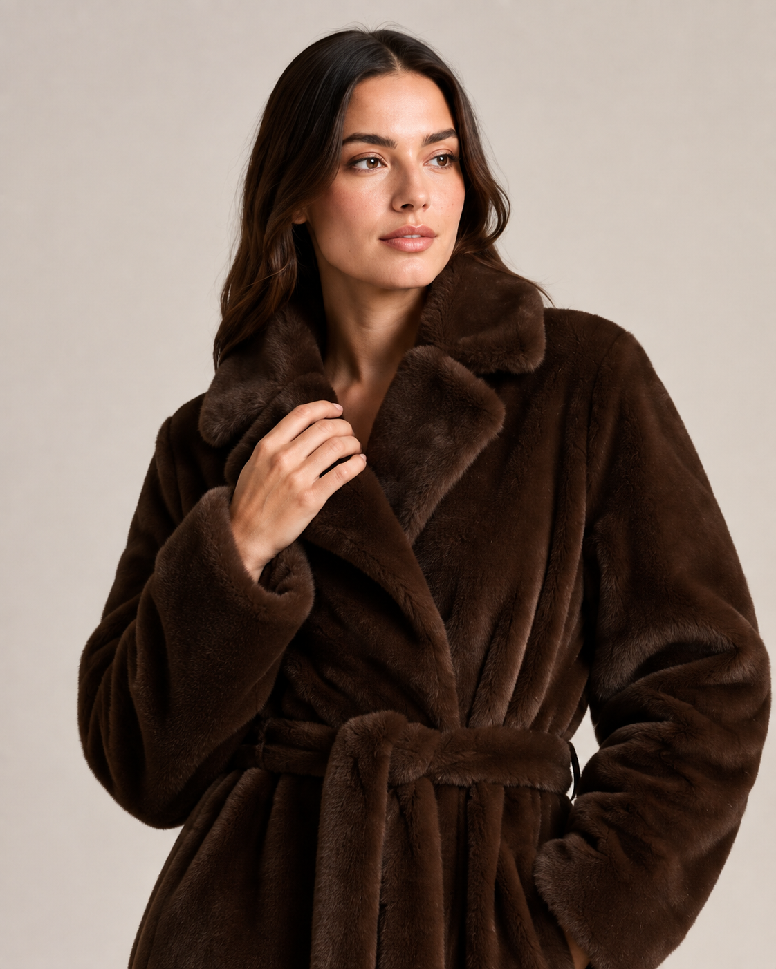 "Elara" Faux Mantel mit Gürtel - Chocolate Brown
